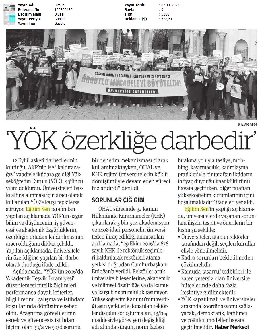 "YÖK Özerkliğe Darbedir" / Birgün
