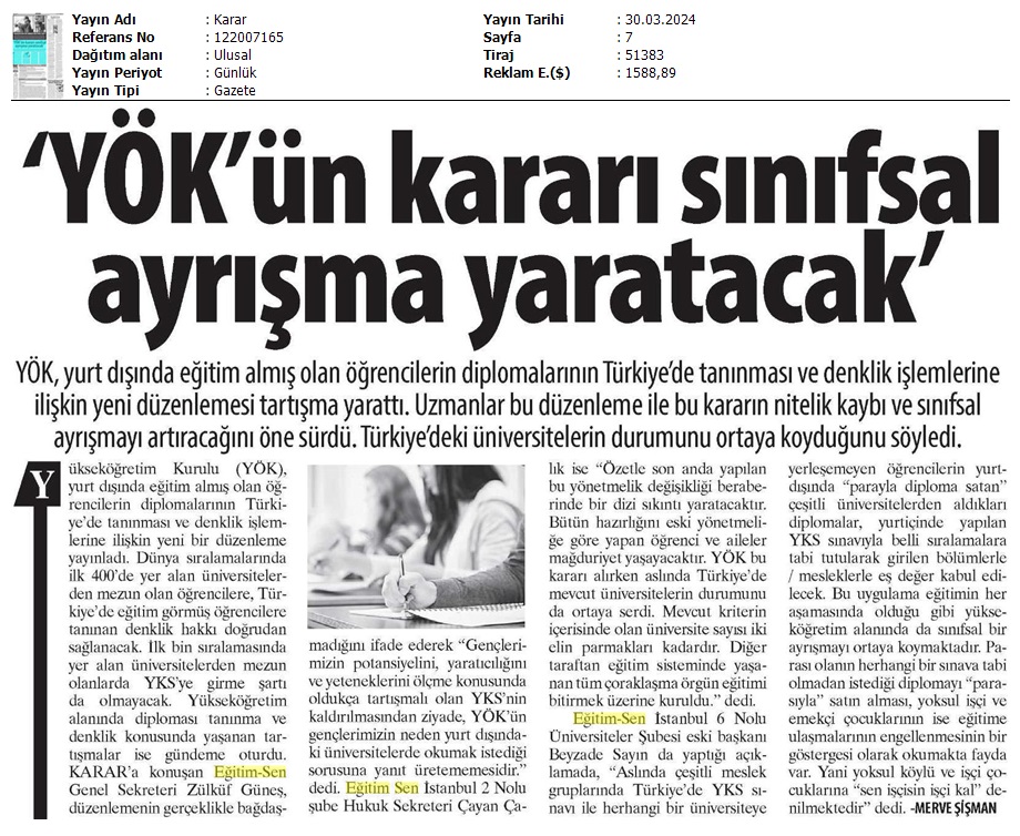 "YÖK'ün Kararı Sınıfsal Ayrışma Yaratacak" / Karar