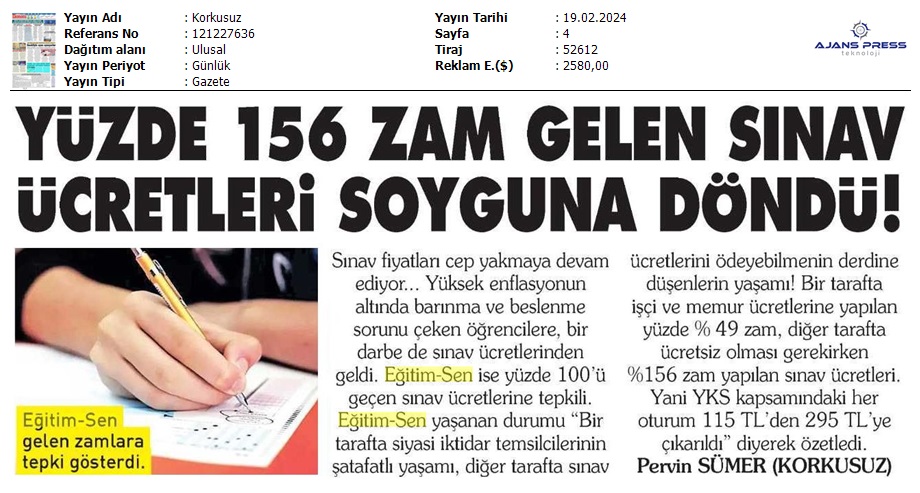 Yüzde 156 Zam Gelen Sınav Ücretleri Soyguna Döndü / Korkusuz