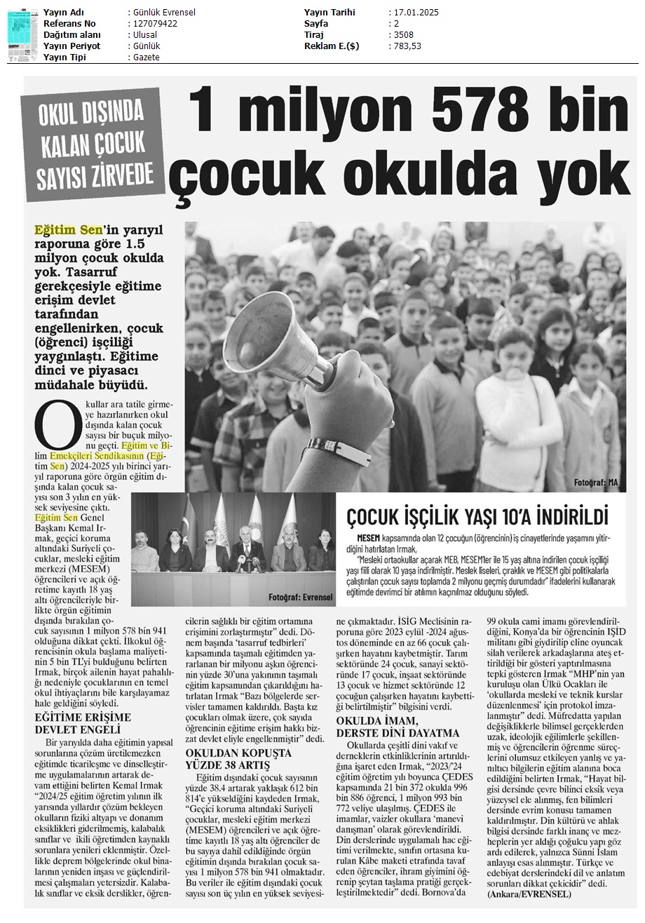 1.5 Milyon Çocuk Okulda Yok / Evrensel