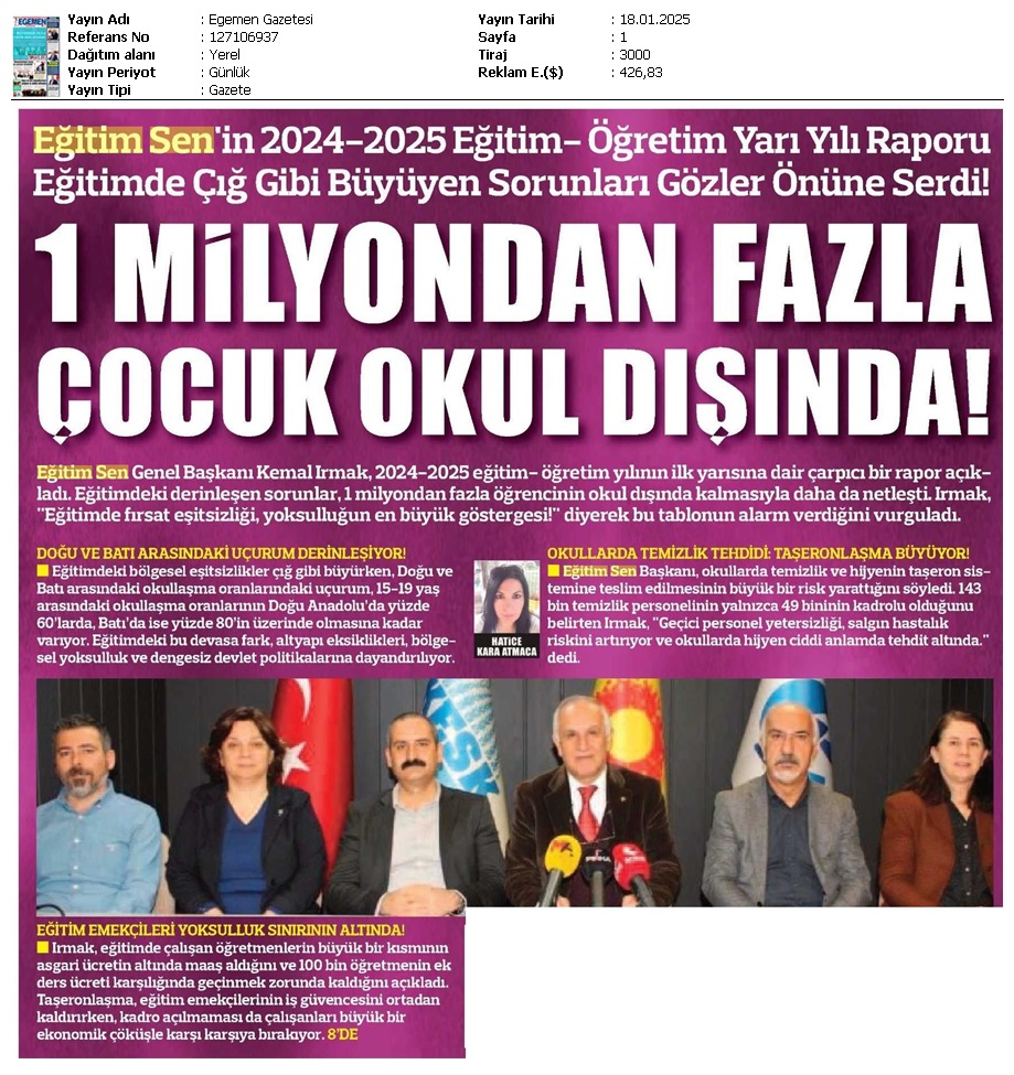 1 Milyondan Fazla Çocuk Okul Dışında! / Egemen Gazetesi