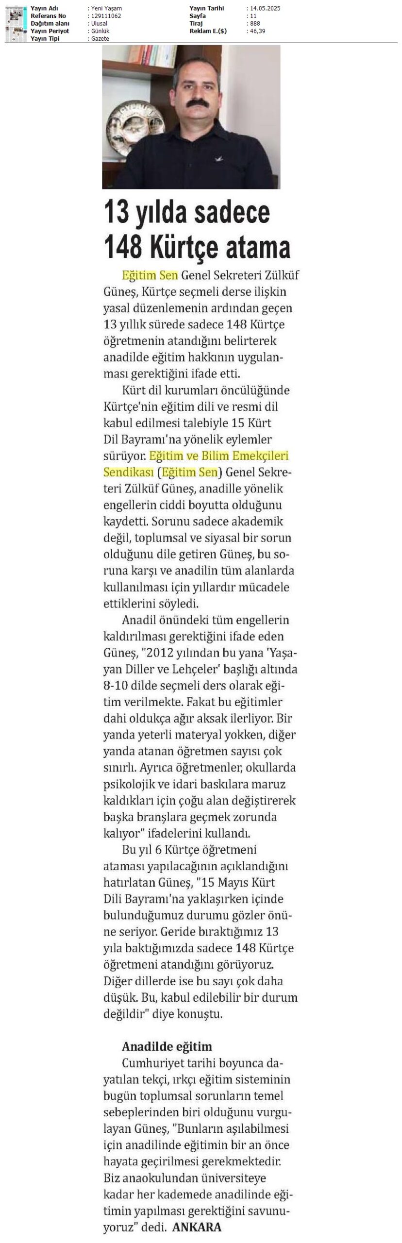13 Yılda Sadece 148 Kürtçe Atama / Yeni Yaşam