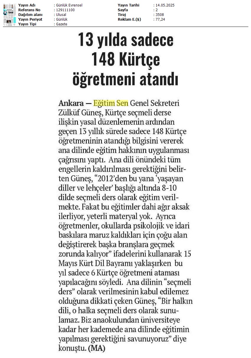 13 Yılda Sadece 148 Kürtçe Öğretmeni Atandı / Evrensel