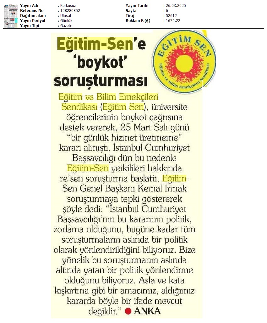Eğitim Sen'e 'Boykot' Soruşturması / Korkusuz