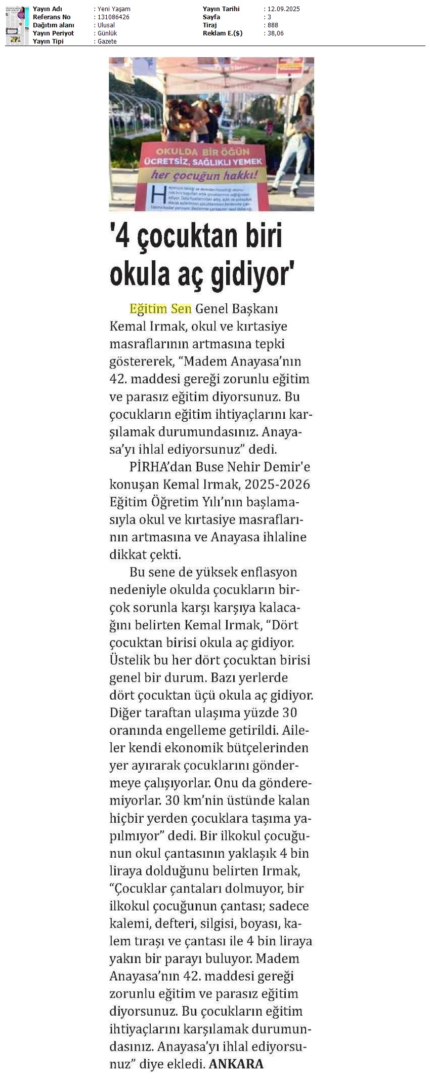 "4 Çocuktan Biri Okula Aç Gidiyor" / Yeni Yaşam