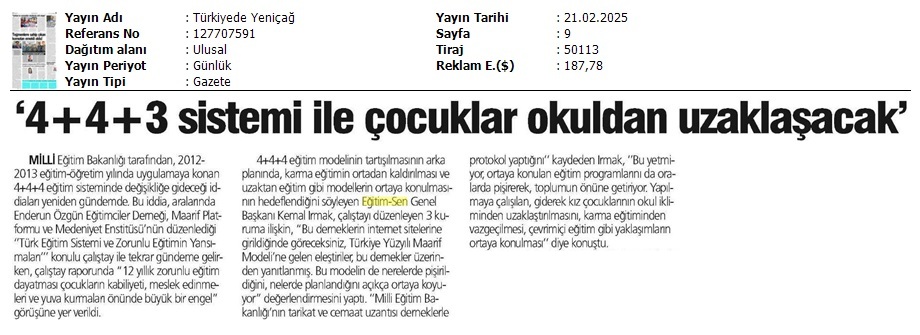 "4+4+3 Sistemi ile Çocuklar Okuldan Uzaklaşacak" / Türkiye'de Yeniçağ