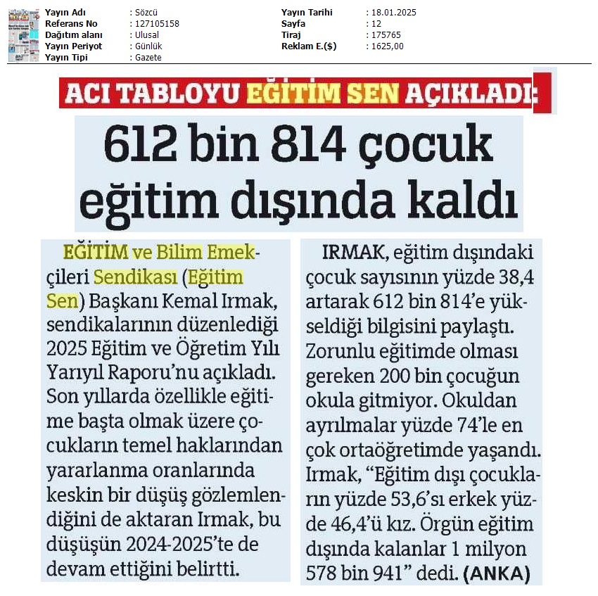 Acı Tabloyu Eğitim Sen Açıkladı / Sözcü