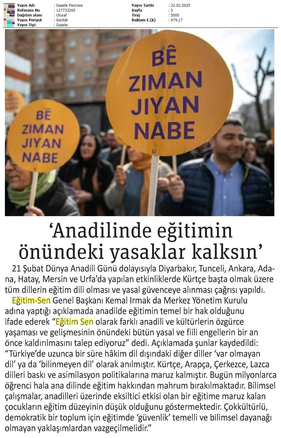 "Anadilinde Eğitimin Önündeki Yasaklar Kalksın" / Gazete Pencere