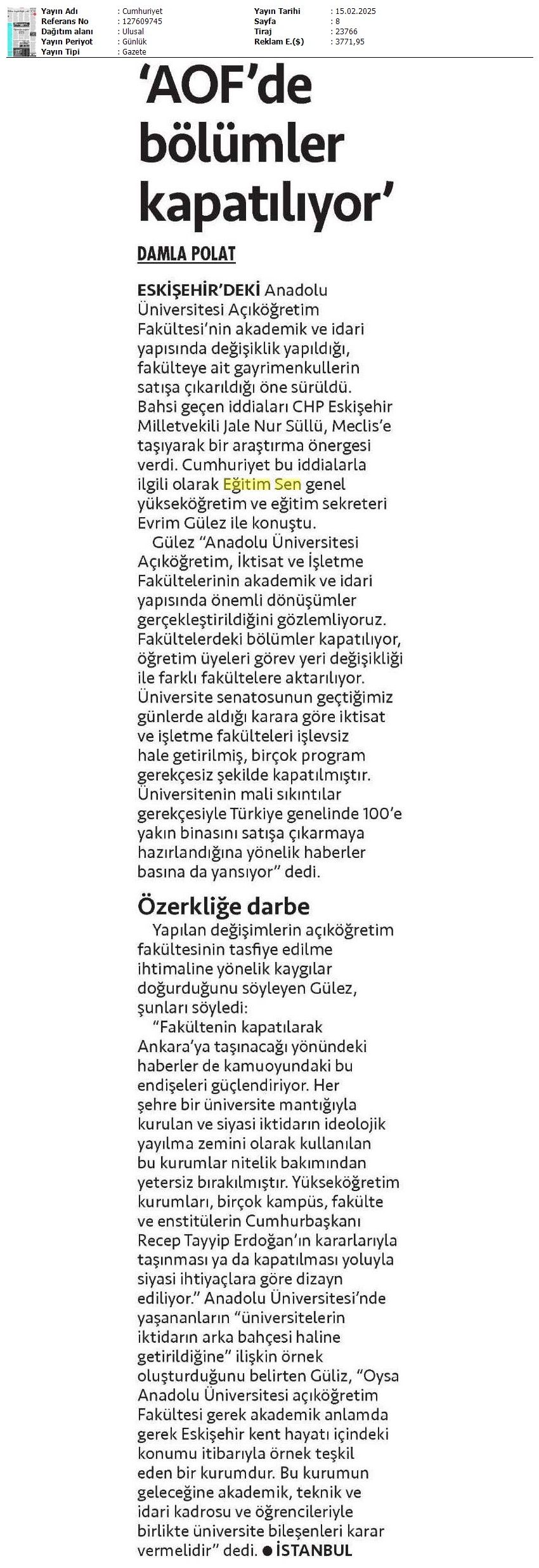 "AÖF’de Bölümler Kapatılıyor" / Cumhuriyet