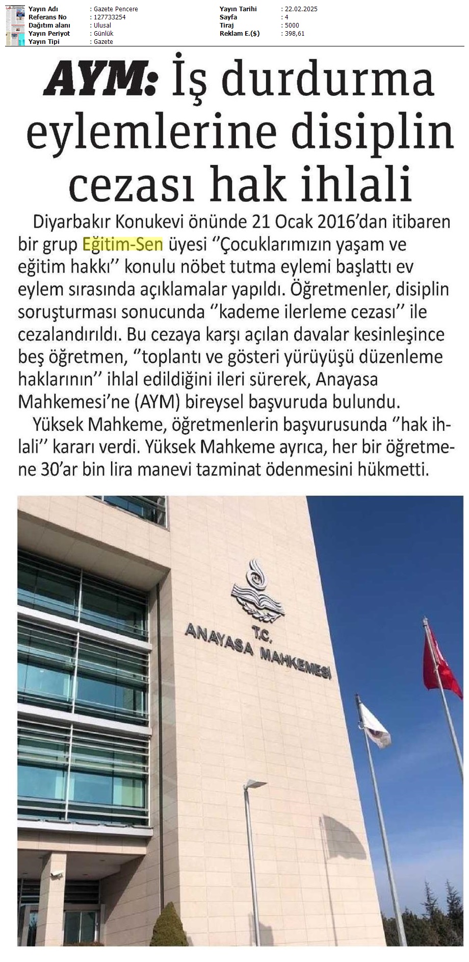 AYM: İş Durdurma Eylemlerine Disiplin Cezası Hak İhlali / Gazete Pencere