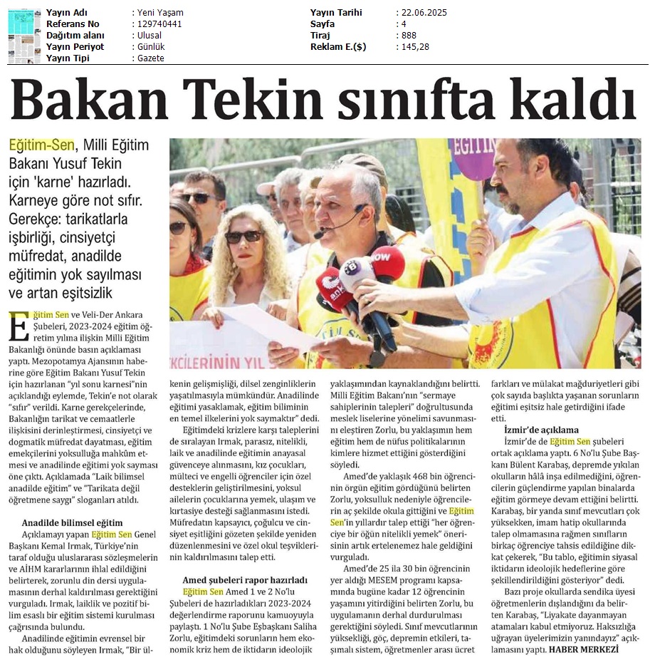 Bakan Tekin Sınıfta Kaldı / Yeni Yaşam