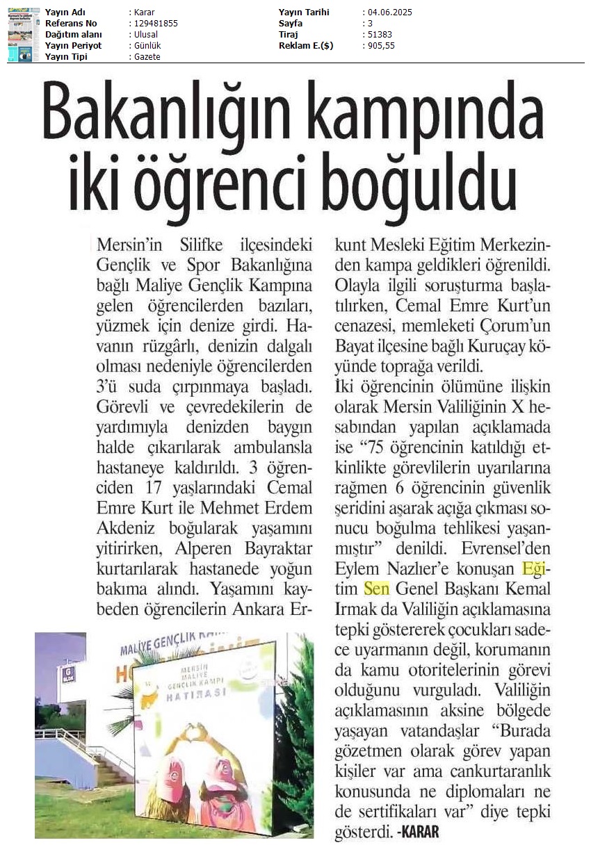 Bakanlığın Kampında İki Öğrenci Boğuldu / Karar