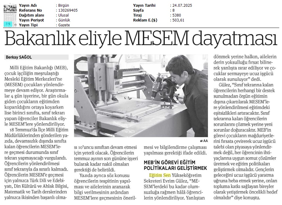 Bakanlık Eliyle MESEM Dayatması / Birgün