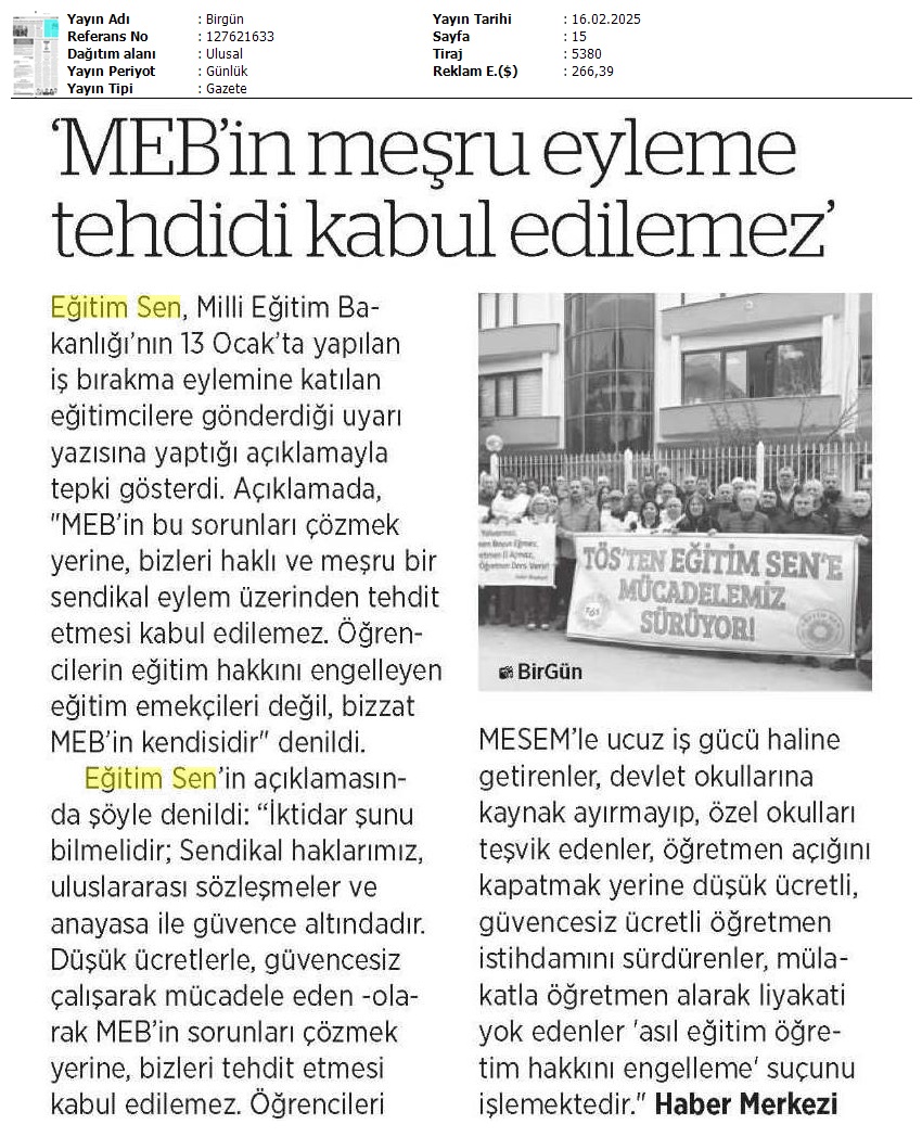 Bakanlıktan Tehdit Yazısı / Birgün