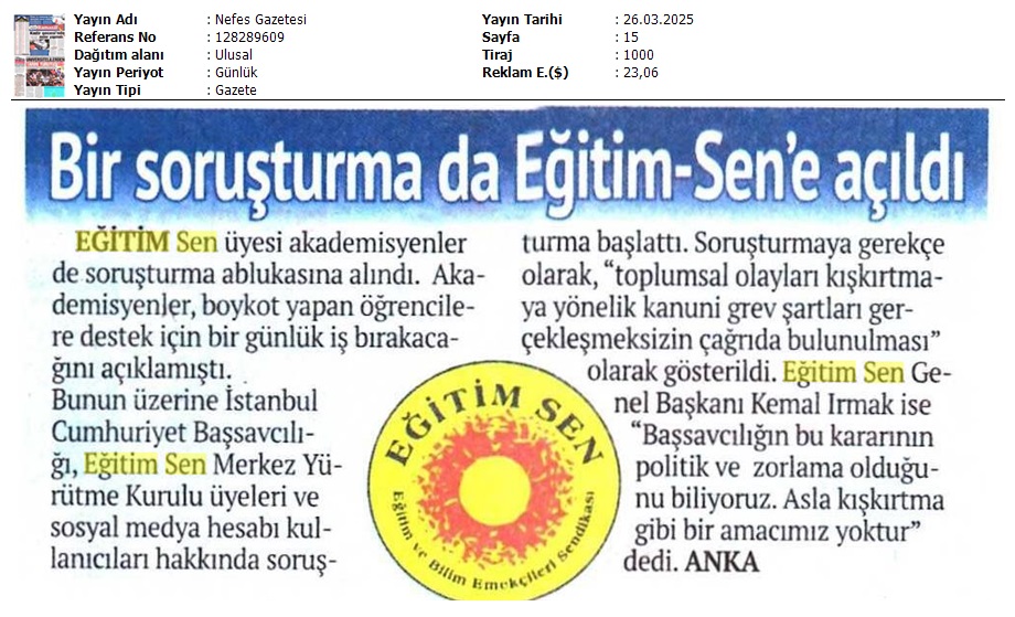 Bir Soruşturma da Eğitim Sen'e Açıldı / Nefes Gazetesi