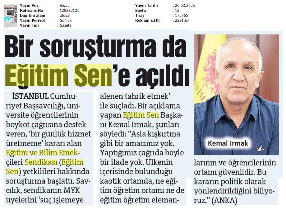 Bir Soruşturma da Eğitim Sen'e Açıldı / Sözcü