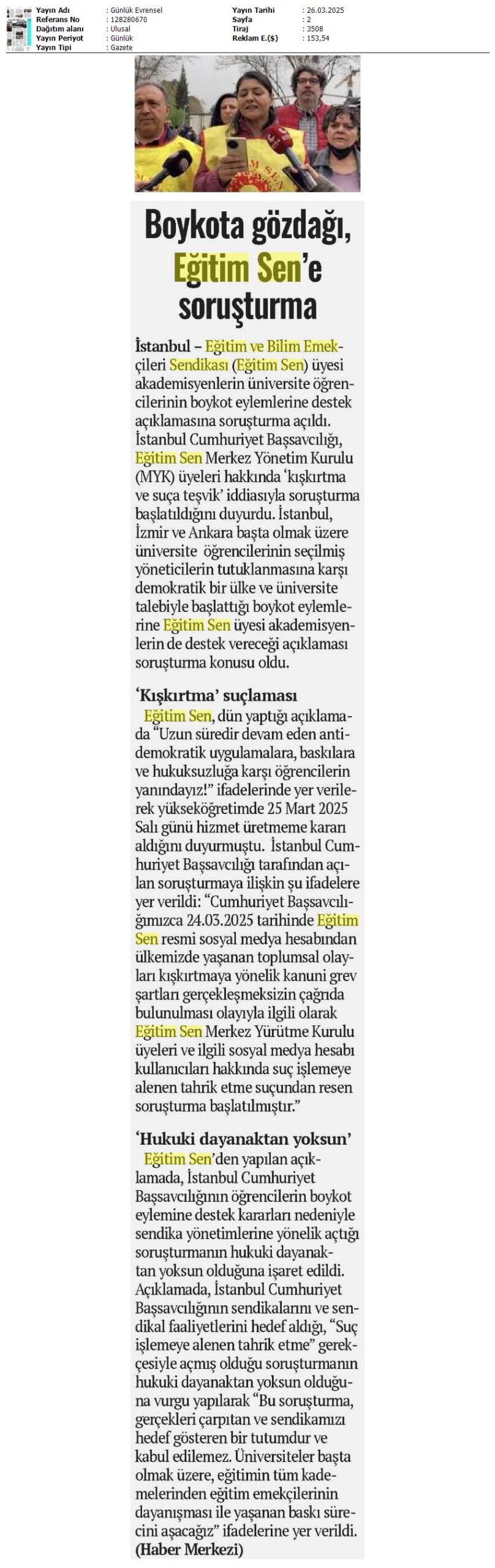 Boykota Gözdağı, Eğitim Sen'e Soruşturma / Evrensel