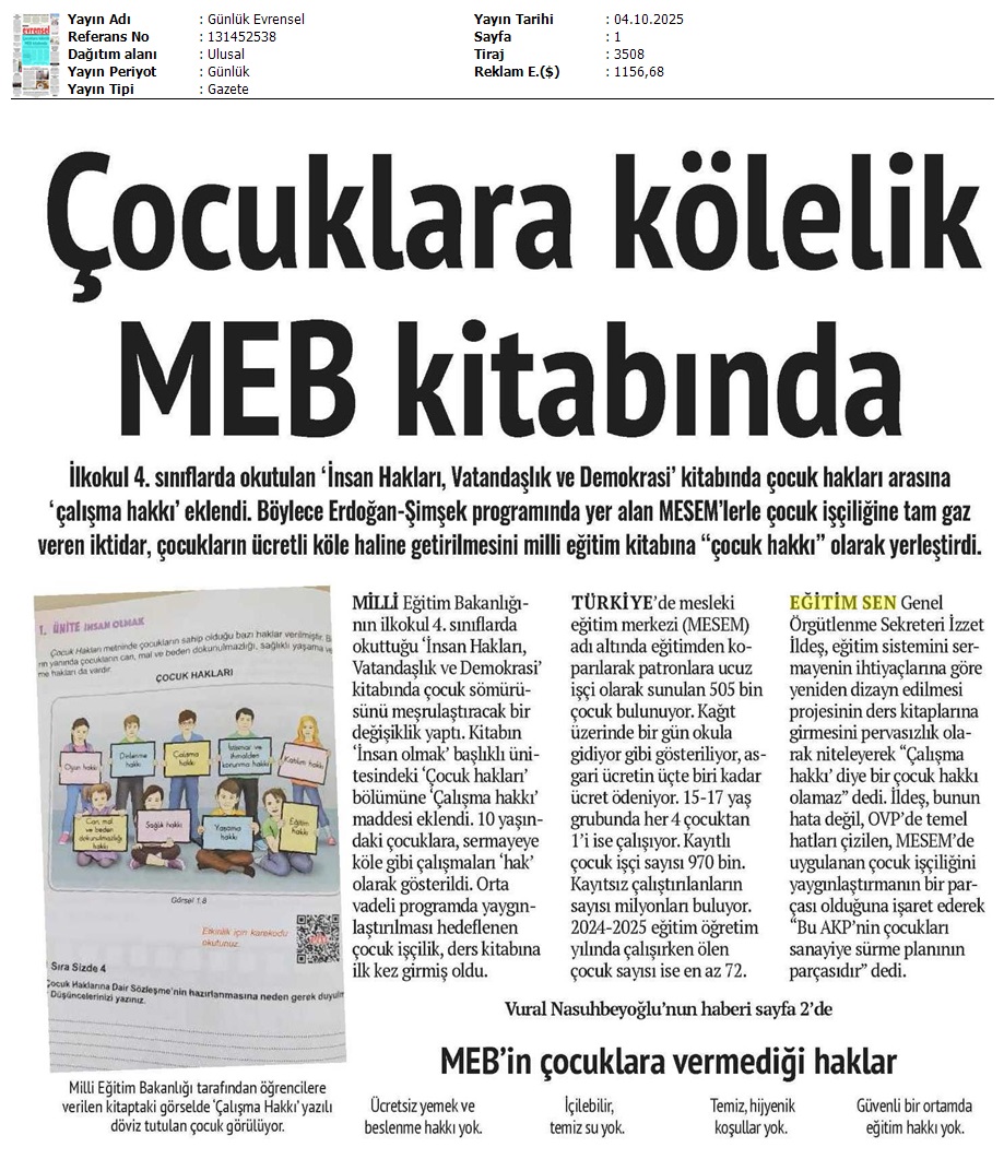 Çocuklara Kölelik MEB Kitabında / Evrensel