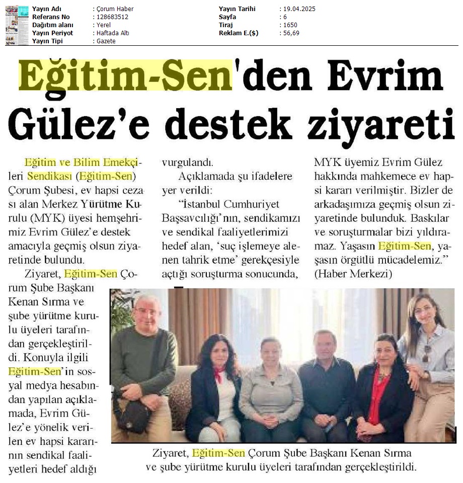 Çorum Eğitim Sen'den Evrim Gülez'e Destek Ziyareti / Çorum Haber