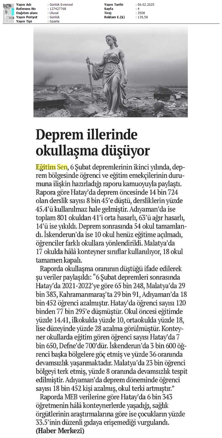 Deprem İllerinde Okullaşma Düşüyor / Evrensel