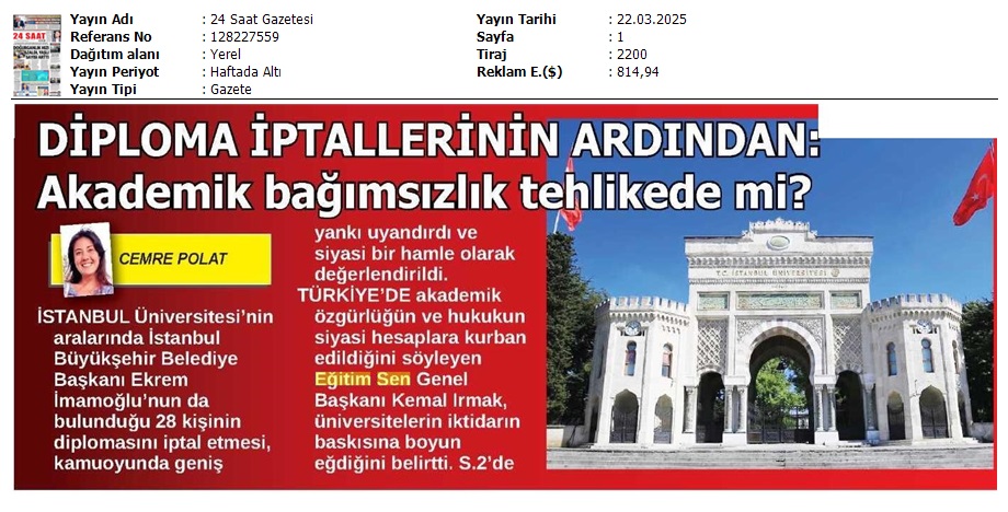 Diploma İptallerinin Ardından: Akademik Bağımsızlık Tehlikede mi? / 24 Saat Gazetesi