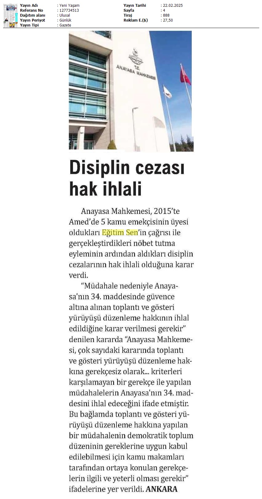 Disiplin Cezası Hak İhlali / Yeni Yaşam