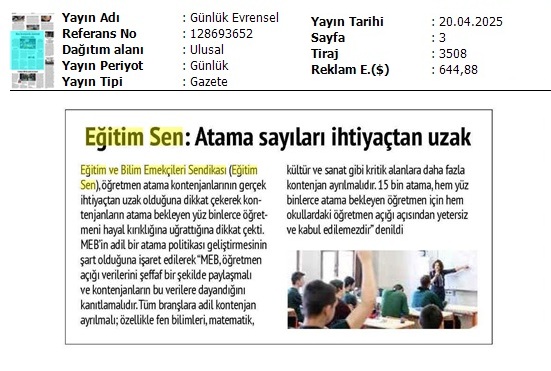 Eğitim Sen: Atama Sayıları İhtiyaçtan Uzak / Evrensel