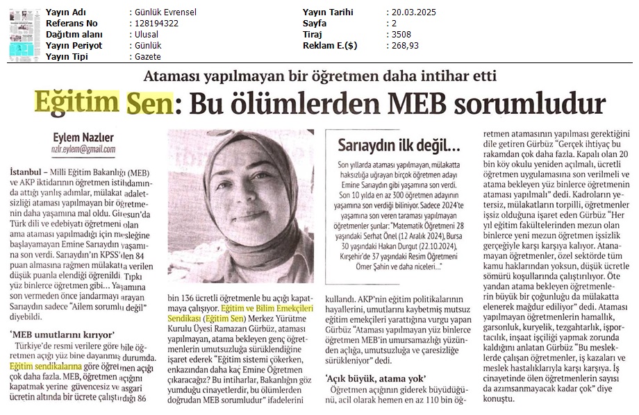 Eğitim Sen: Bu Ölümlerden MEB Sorumludur / Evrensel