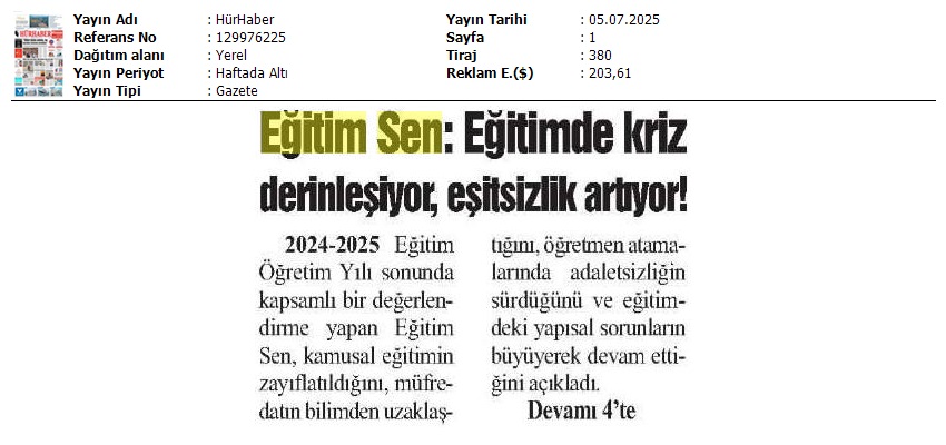 Eğitim Sen: Eğitimde Kriz Derinleşiyor, Eşitsizlik Artıyor! / Hür Haber