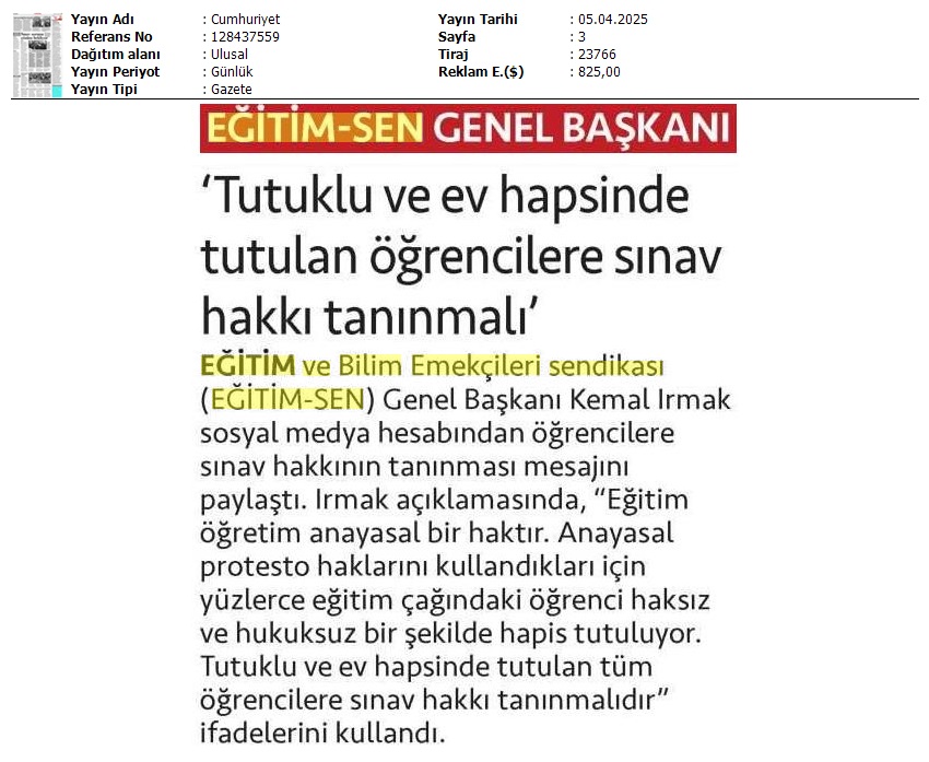 Eğitim Sen Genel Başkanı: "Tutuklu ve Ev Hapsinde Tutulan Öğrencilere Sınav Hakkı Tanınmalı" / Cumhuriyet