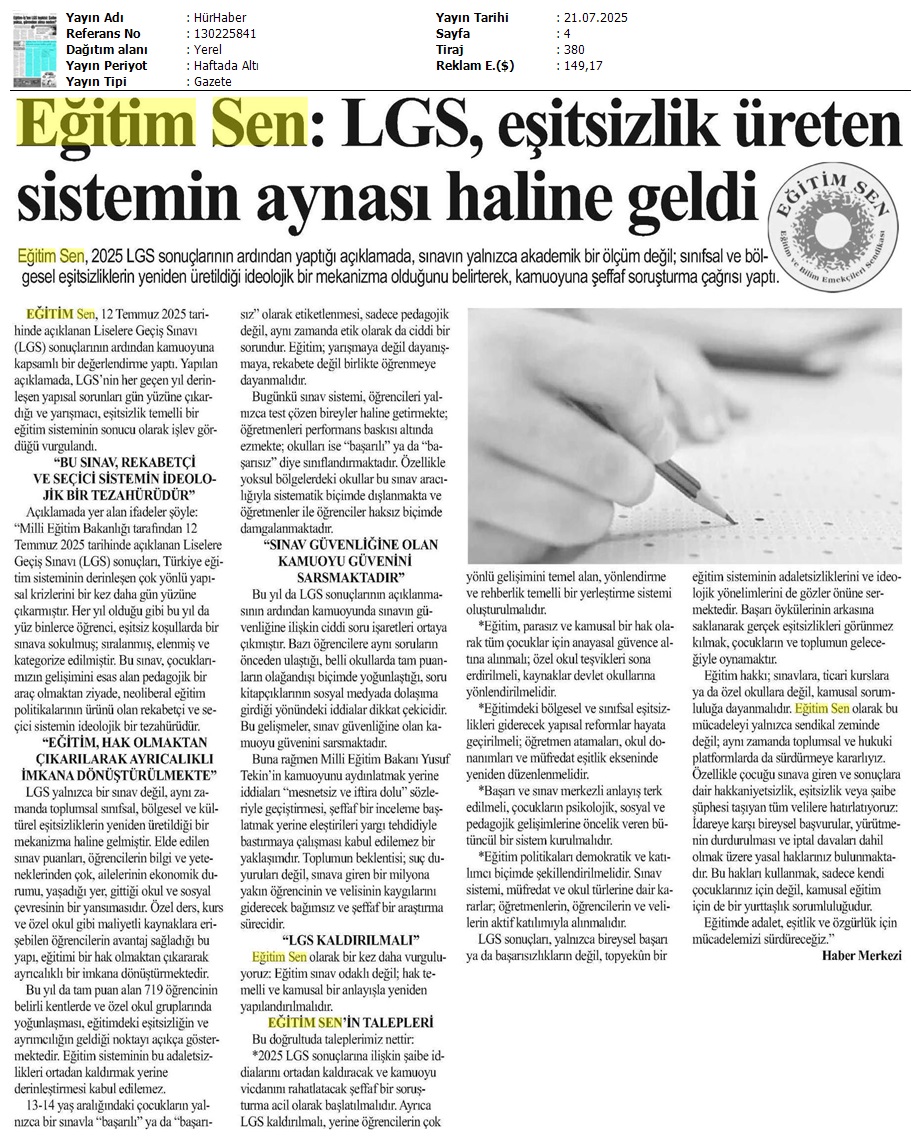 Eğitim Sen: LGS, Eşitsizlik Üreten Sistemin Aynası Haline Geldi / Hür Haber