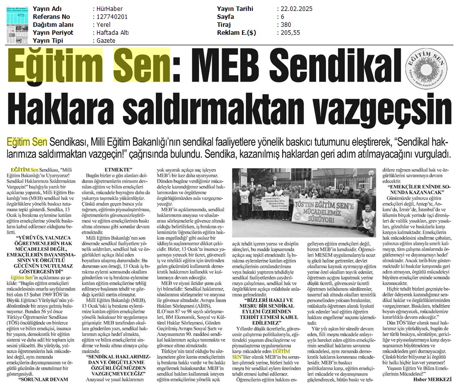 Eğitim Sen: MEB Sendikal Haklara Saldırmaktan Vazgeçsin / Hür Haber