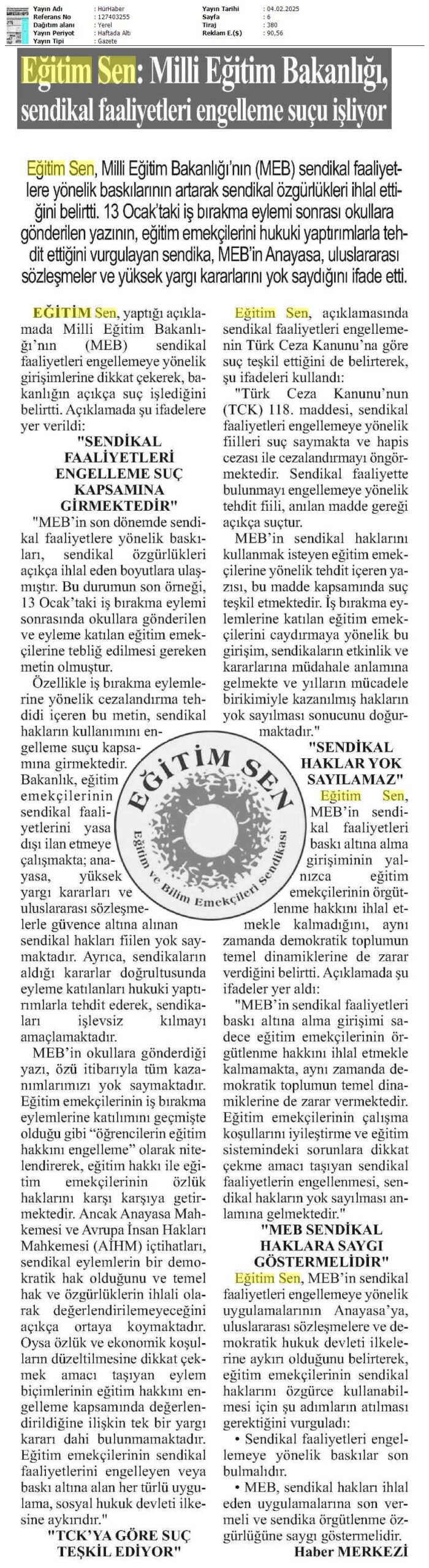 Eğitim Sen: Milli Eğitim Bakanlığı, Sendikal Faaliyetleri Engelleme Suçu İşliyor / Hür Haber