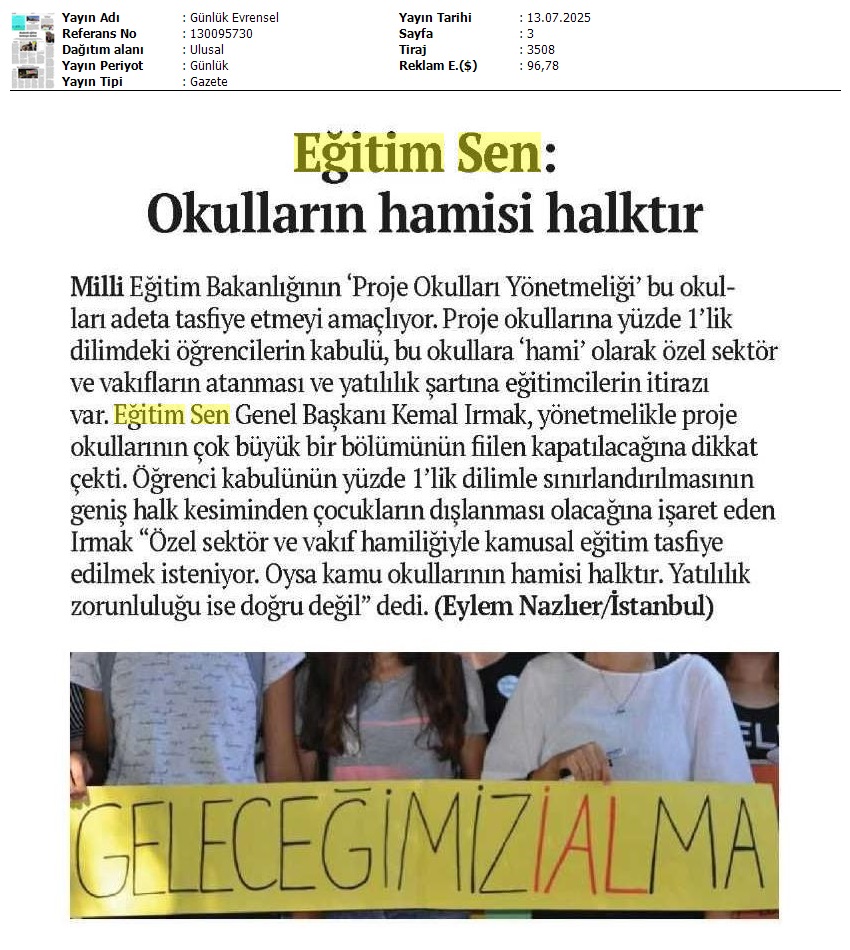 Eğitim Sen: Okulların Hamisi Halktır / Evrensel