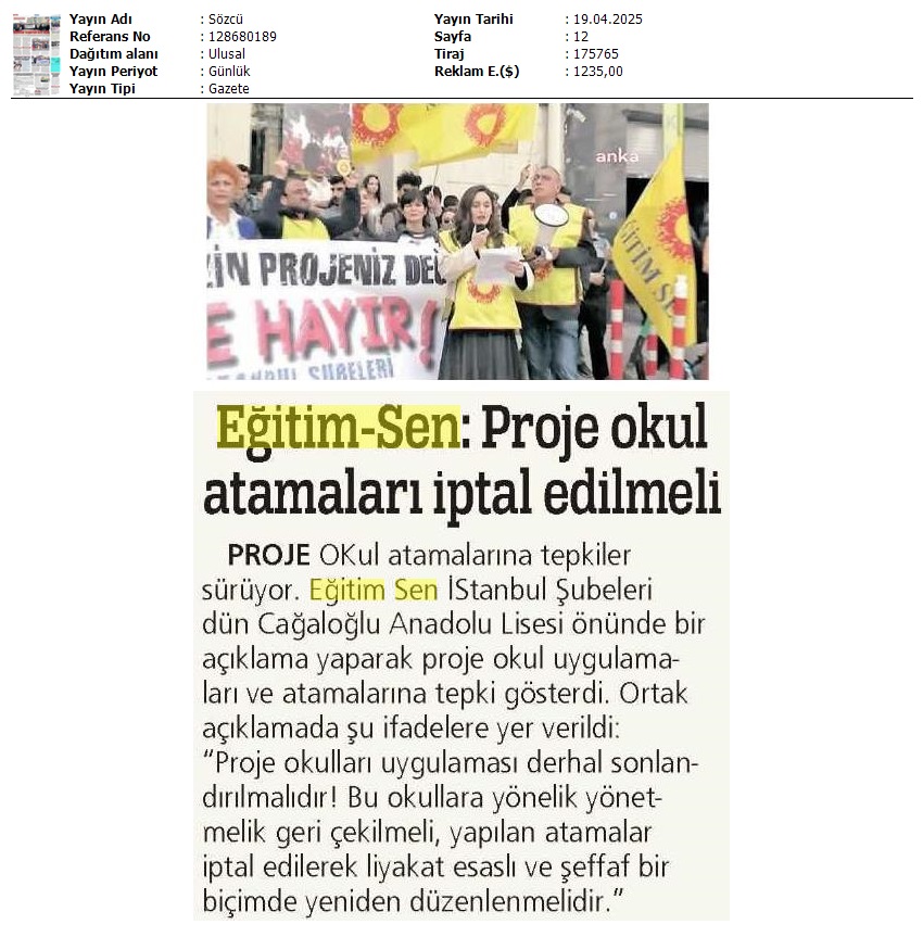 Eğitim Sen: Proje Okul Atamaları İptal Edilmeli / Sözcü
