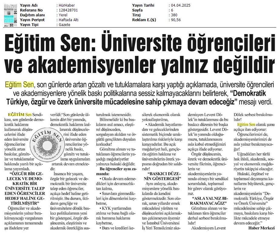 Eğitim Sen: Üniversite Öğrencileri ve Akademisyenler Yalnız Değildir / Hür Haber