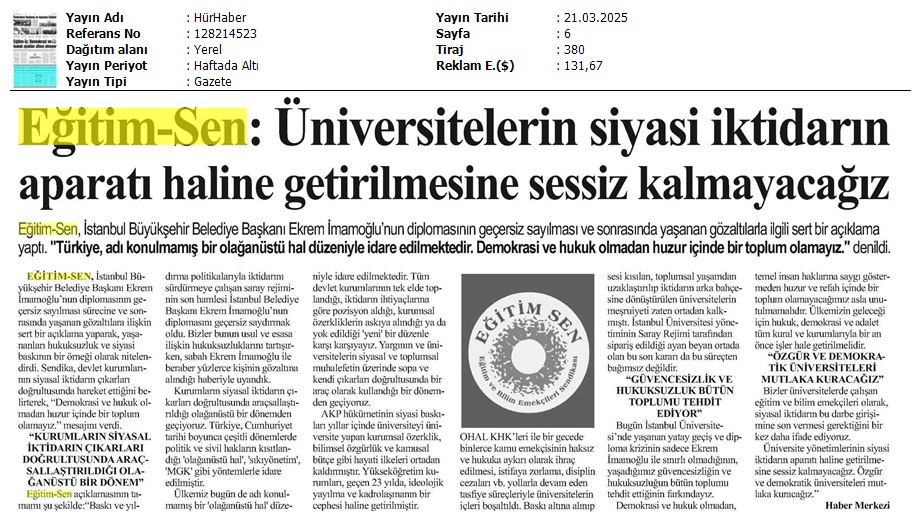 Eğitim Sen: Üniversitelerin Siyasi İktidarın Aparatı Haline Getirilmesine Sessiz Kalmayacağız / Hür Haber