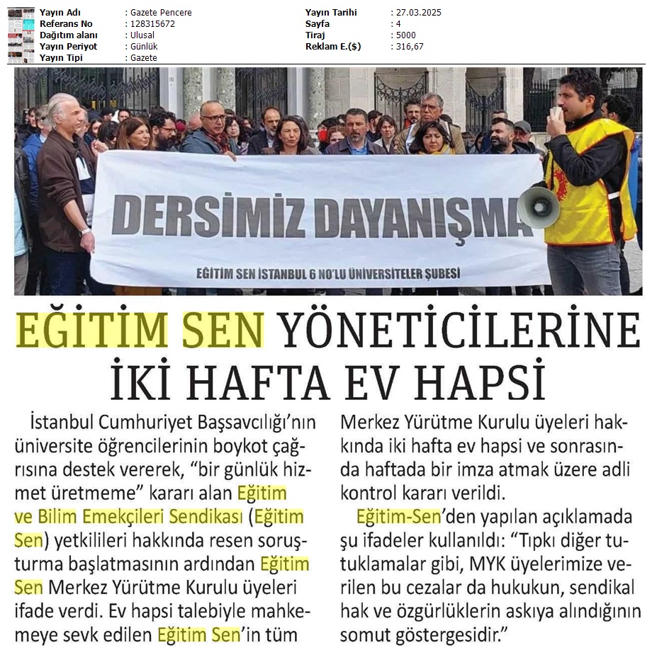 Eğitim Sen Yöneticilerine İki Hafta Ev Hapsi / Gazete Pencere