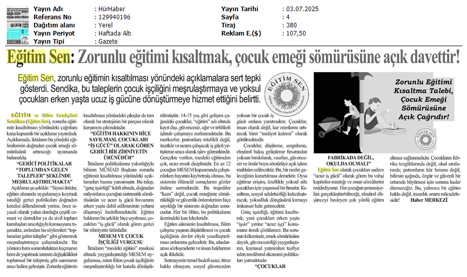 Eğitim Sen: Zorunlu Eğitimi Kısaltmak, Çocuk Emeği Sömürüsüne Açık Davettir! / Hür Haber