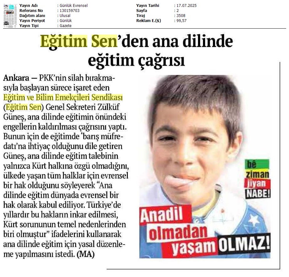 Eğitim Sen'den Ana Dilinde Eğitim Çağrısı / Evrensel