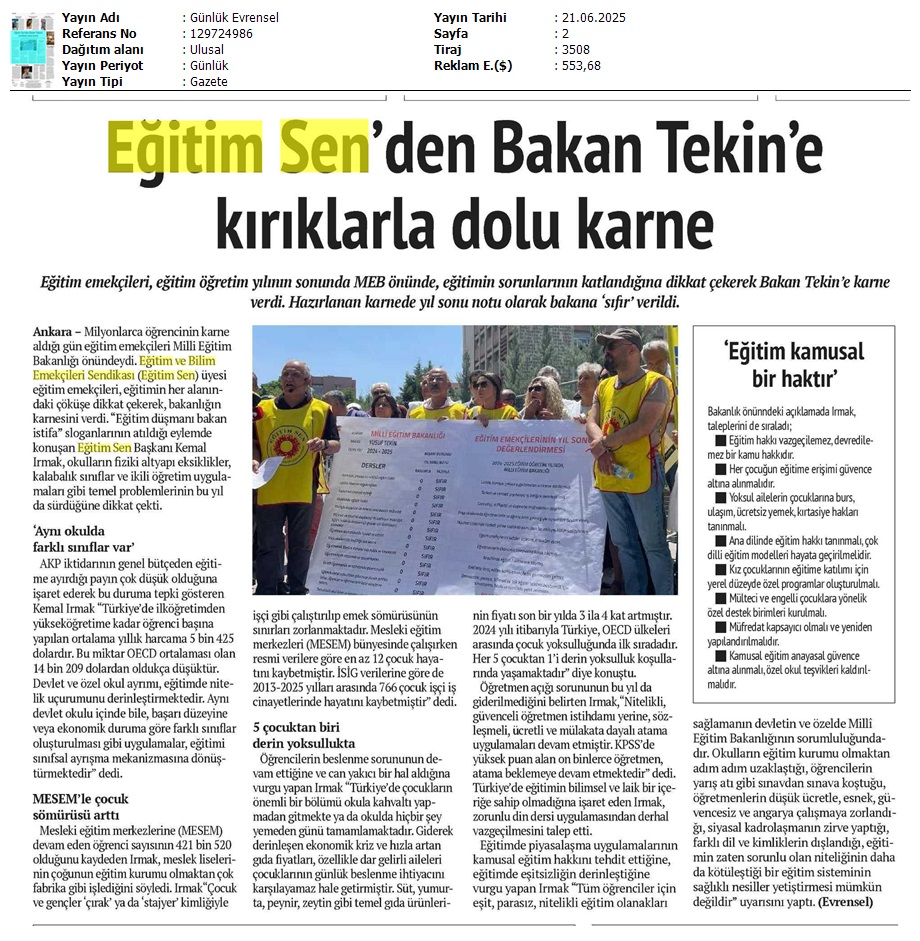 Eğitim Sen'den Bakan Tekin'e Kırıklarla Dolu Karne / Evrensel