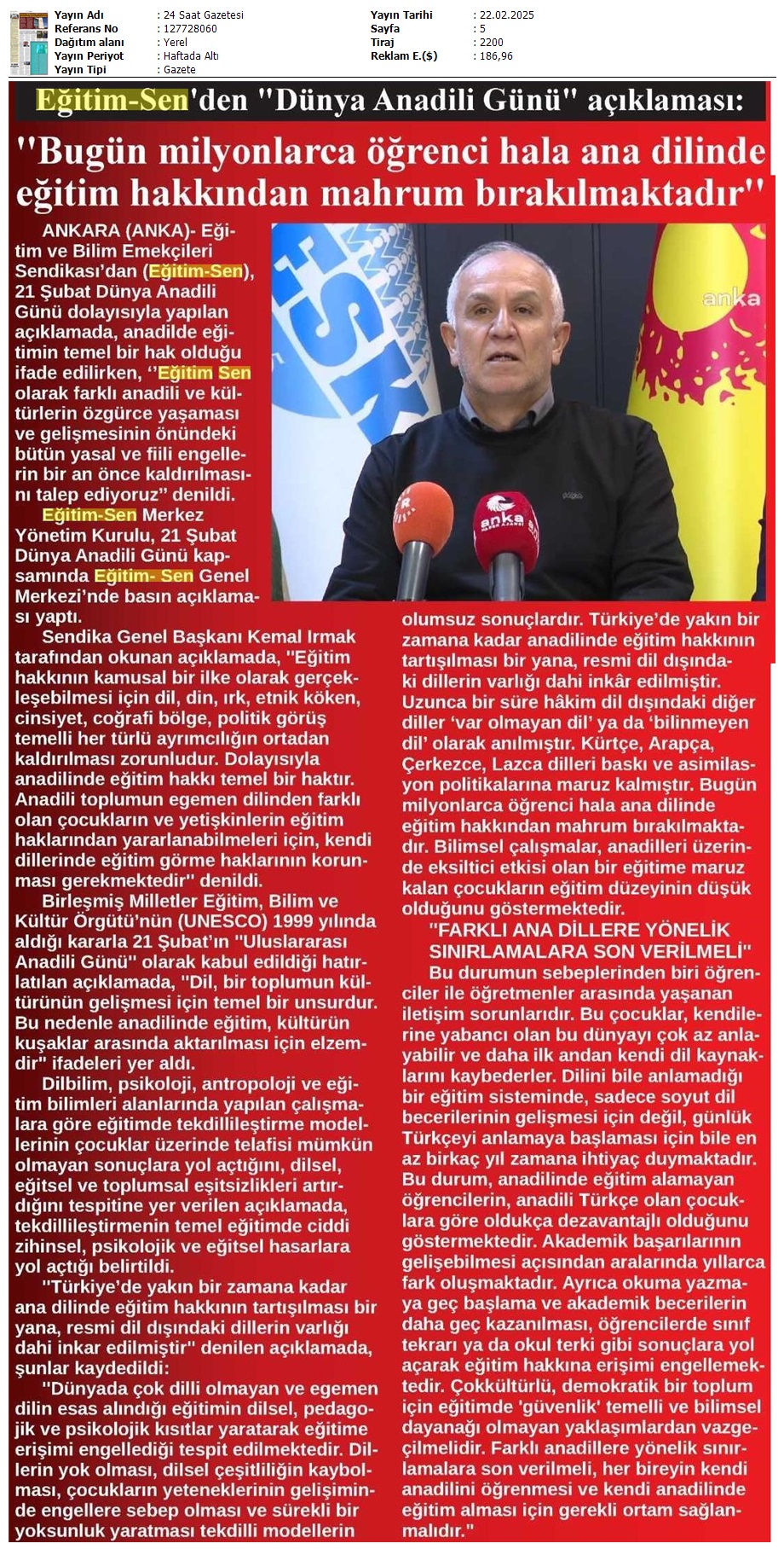 Eğitim Sen'den 'Dünya Anadili Günü' Açıklaması / 24 Saat Gazetesi