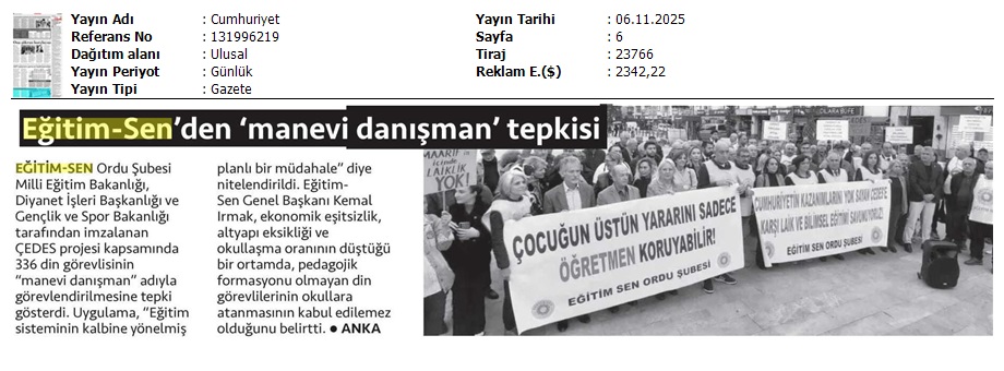Eğitim Sen'den 'Manevi Danışman' Tepkisi / Cumhuriyet
