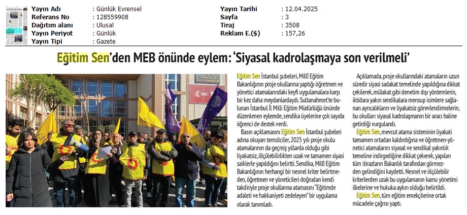 Eğitim Sen'den MEB Önünde Eylem: "Siyasal Kadrolaşmaya Son Verilmeli"