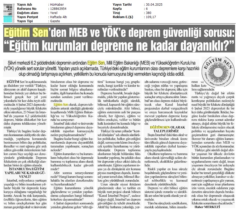 Eğitim Sen'den MEB ve YÖK'e Deprem Güvenliği Sorusu: "Eğitim Kurumları Depreme Ne Kadar Dayanıklı?" / Hür Haber