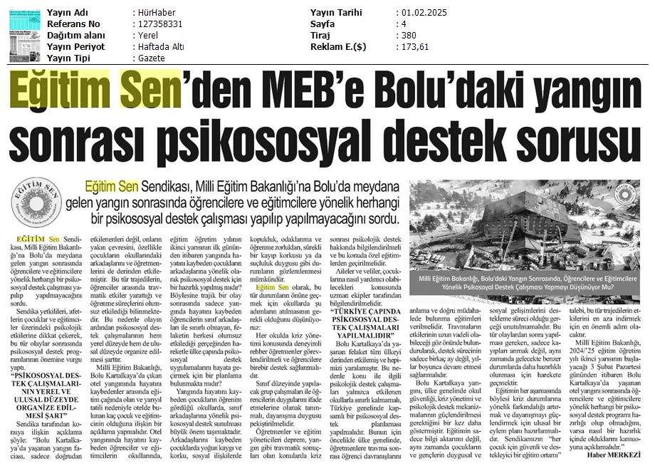 Eğitim Sen'den MEB'e Bolu'daki Yangın Sonrası Psikososyal Destek Sorusu / Hür Haber