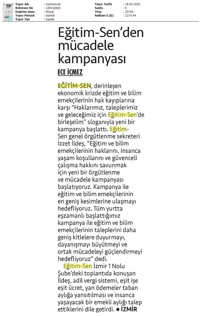 Eğitim Sen'den Mücadele Kampanyası / Cumhuriyet