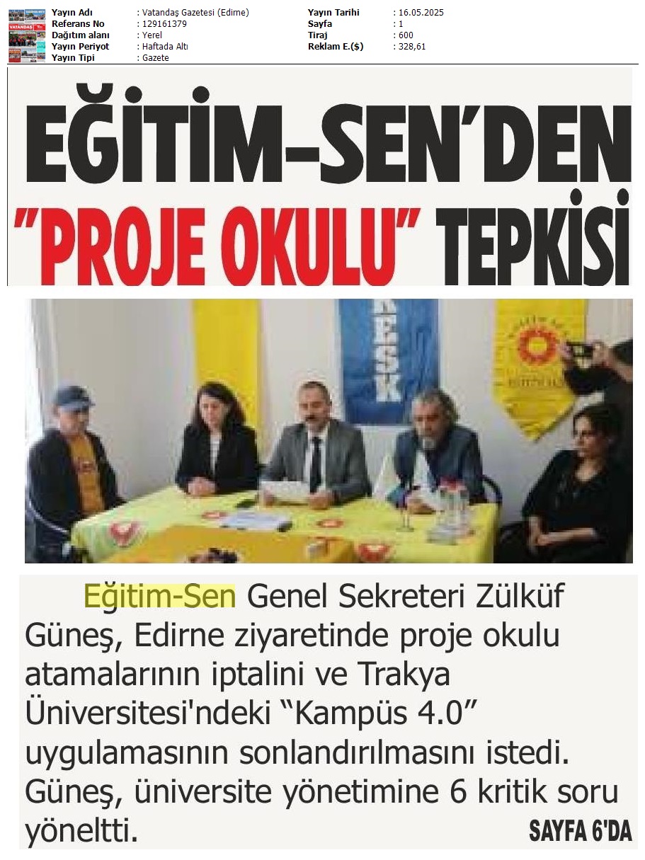 Eğitim Sen'den 'Proje Okulu' Tepkisi / Vatandaş Gazetesi (Edirne)
