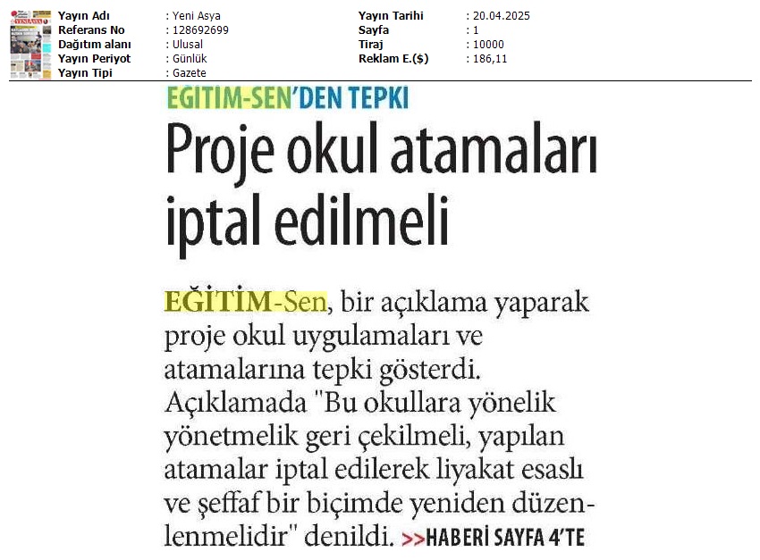 Eğitim Sen'den Tepki: Proje Okul Atamaları İptal Edilmeli / Yeni Asya