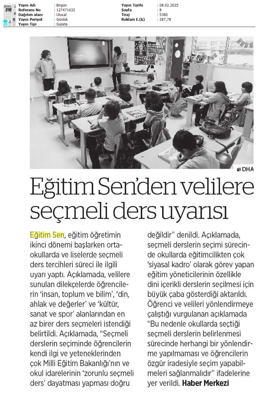 Eğitim Sen'den Velilere Seçmeli Ders Uyarısı / Birgün